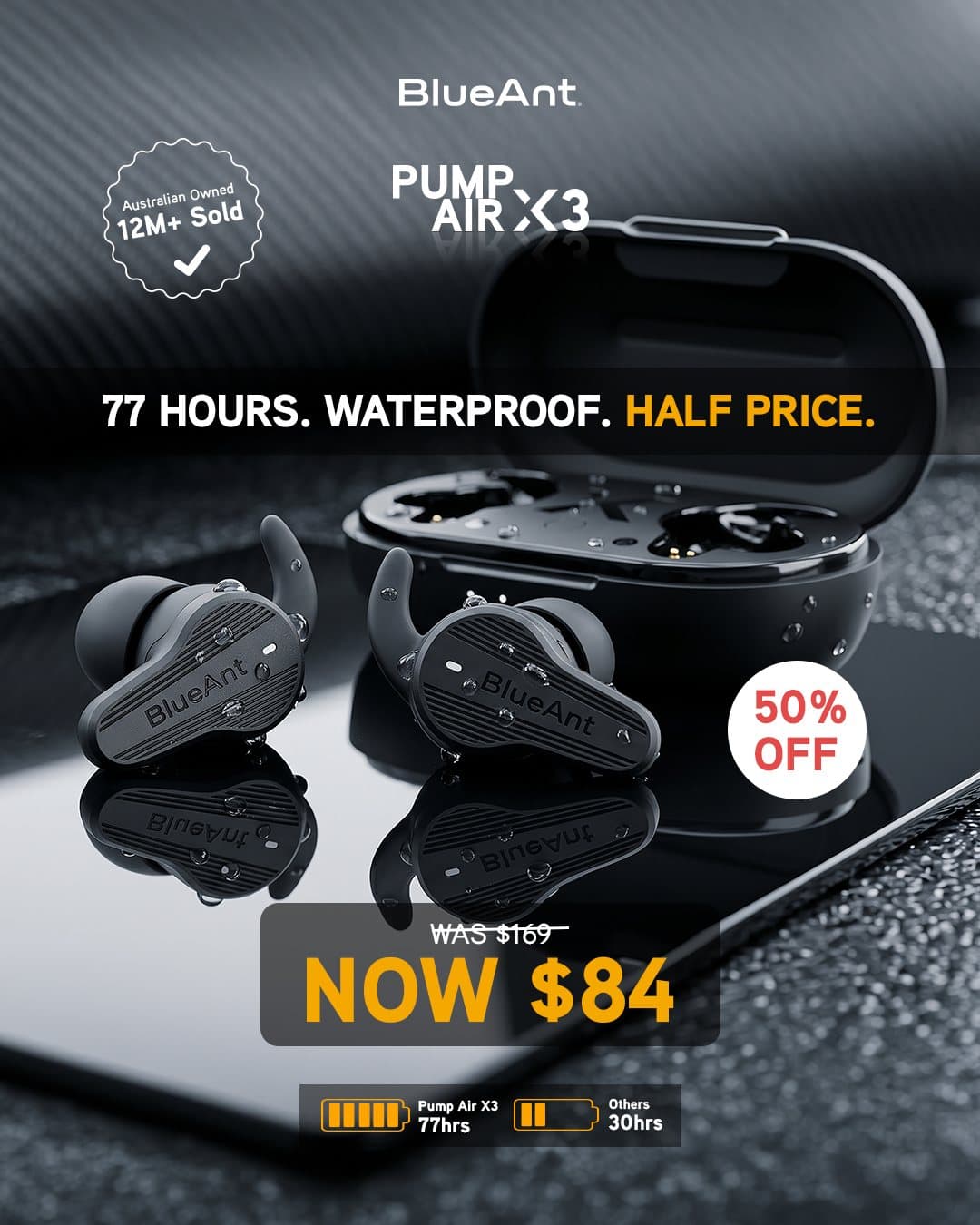 BlueAnt mid-year sale ad for Pump Air X3 earbuds