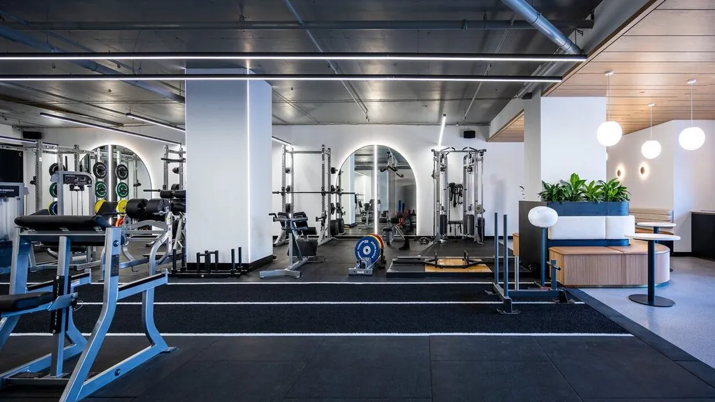 Gym floor with strength equipment, arched mirrors and planting