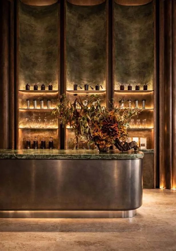 Render of a curved metal bar in front of lit back-bar shelving