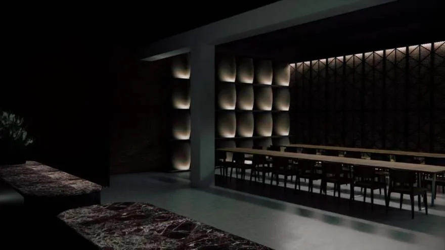 Render of the tasting room at night with a lit barrel wall and stone bar