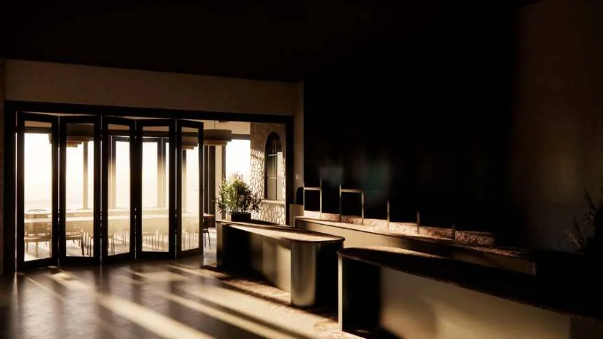 Render of folding doors opening from the tasting bar to the terrace